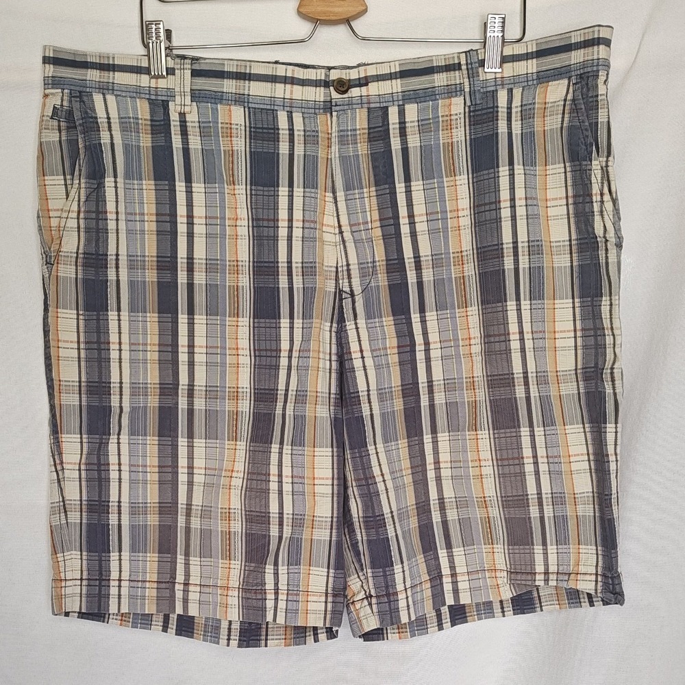Tommy‎ Bahama Shorts Madras Plaid Textured 42 Blue Orange Cotton Silk Blend